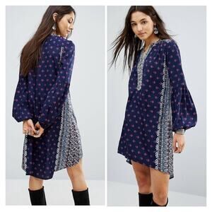 NWT Raga Womens Blue Printed Polyester V-Neck The Megan Tunic Dress Size M
